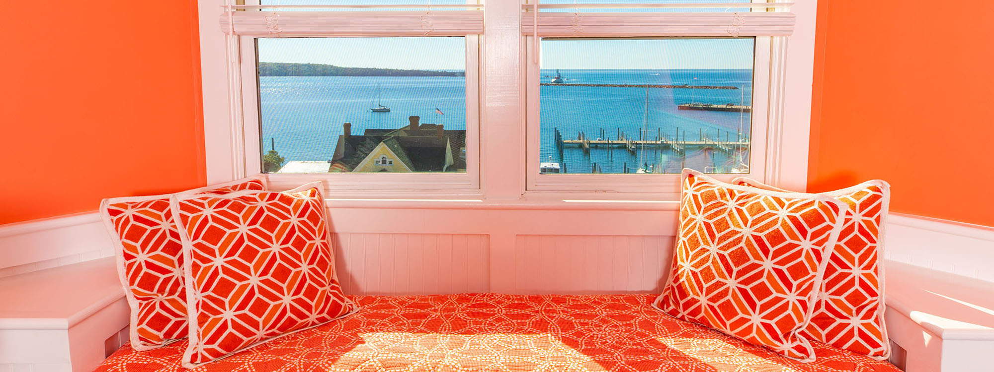 Harbor View Suite Window Seat overlooking harbor at the Island House Hotel on Mackinac Island, MI