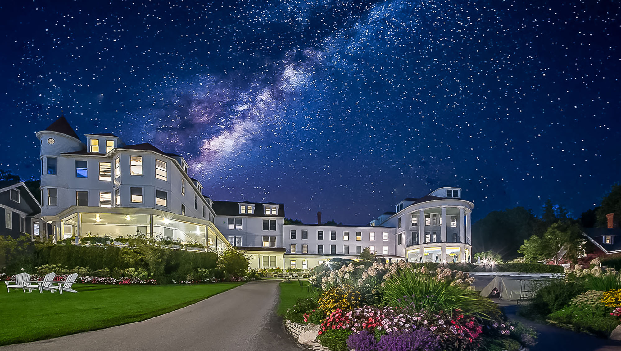 Milkyway Starry Night Sky above Island House Hotel on Mackinac Island, Michigan
