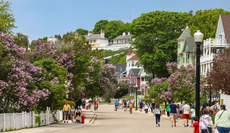 Main Street with travelers walking and lilacs in bloom