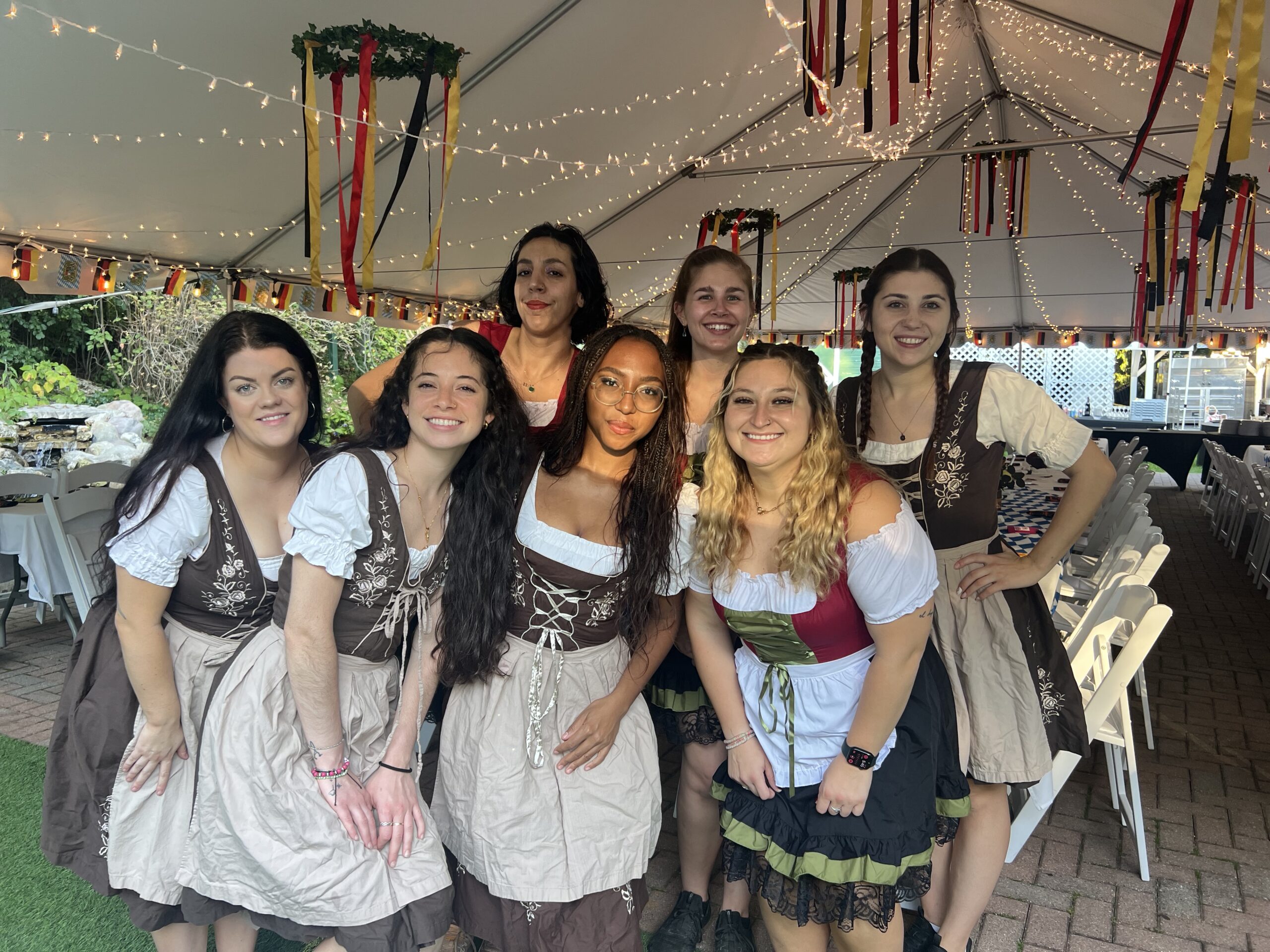 A group of ladies at Macktoberfest on Mackinac Island dressed in their dirndls.