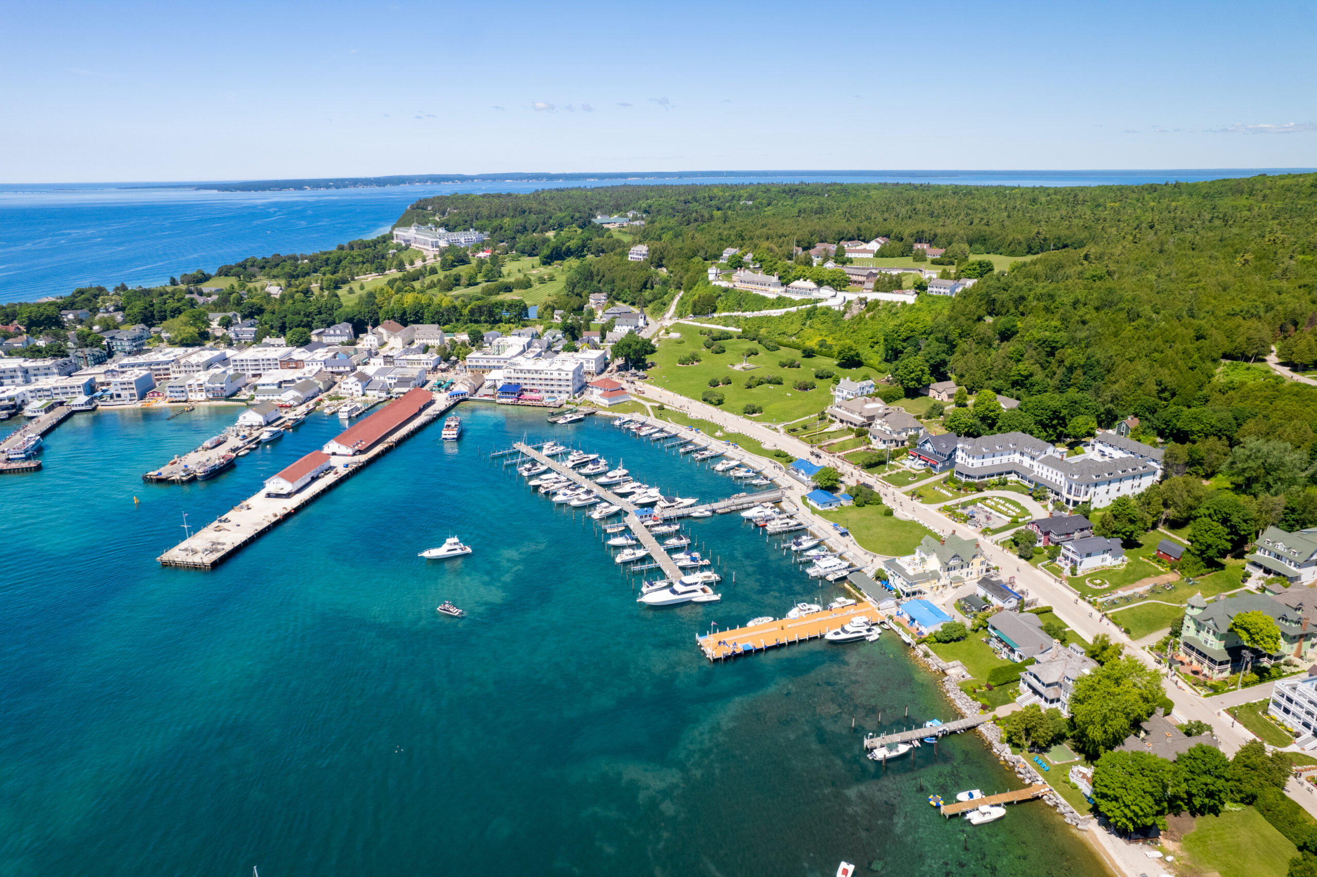 An aerial view of Mackinac Island.